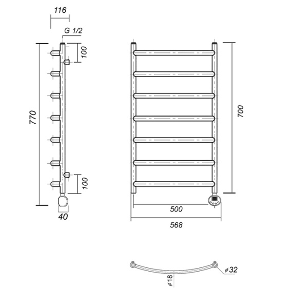 Электрический полотенцесушитель Domoterm Калипсо П7 500x700 ЧРН ER