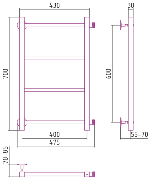 Водяной полотенцесушитель СТИЛЬЕ ПС Версия-КБ 600х400 (4) П 20х20
