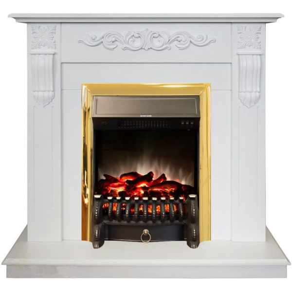 Электрический камин с эффектом живого огня Real-Flame Dominica STD/EUG WT с очагом Fobos s Lux BL/BR, Majestic s Lux BL/BR