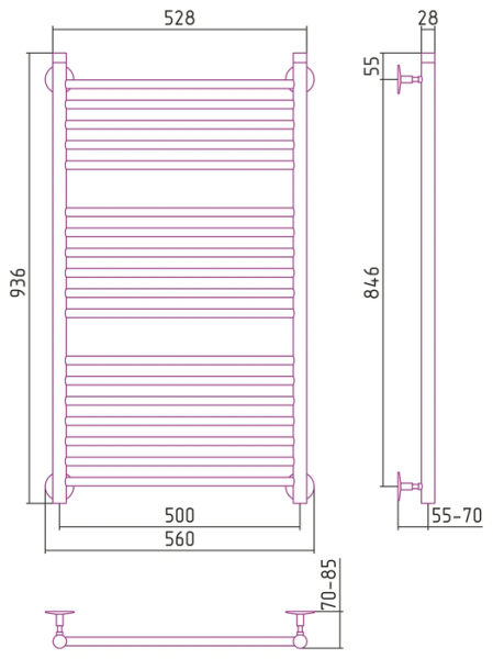 Водяной полотенцесушитель СТИЛЬЕ ПС Универсал-53 1000х500 (5+6+7) П 18