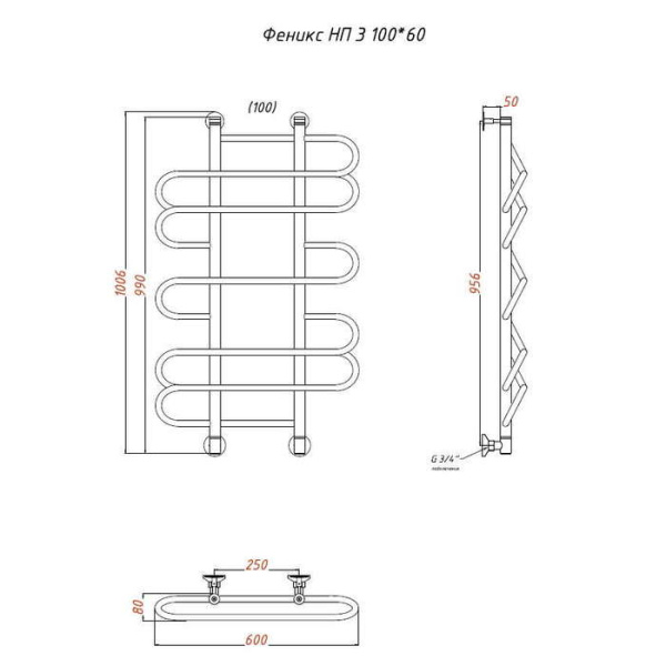 Водяной полотенцесушитель Тругор Феникс НП 3 100х60 (ЛЦ36)