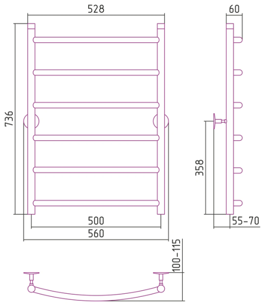 Водяной полотенцесушитель СТИЛЬЕ ПС Универсал-50 800х500 (6) Г 21