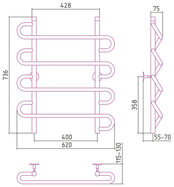 Водяной полотенцесушитель СТИЛЬЕ ПС Универсал-52 800х600 (4) S 21