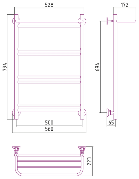 Водяной полотенцесушитель СТИЛЬЕ ПС Версия-Н1 800х500 (Полка+1+2+2+2) П 16