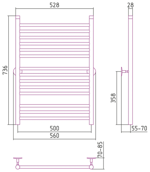 Водяной полотенцесушитель СТИЛЬЕ ПС Универсал-53 800х500 (3+5+6) П 18