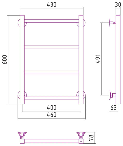 Водяной полотенцесушитель СТИЛЬЕ ПС Версия-КН 600х400 (4) П 20х20