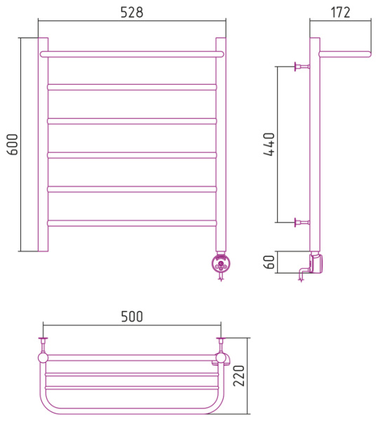Электрический полотенцесушитель СТИЛЬЕ ЭПС Формат 20 ТП 600х500 (Полка + 5) П16