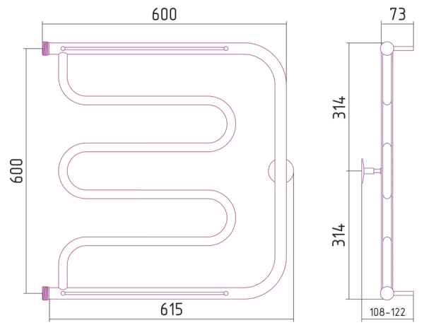 Водяной полотенцесушитель СТИЛЬЕ ПС ТАНДЕМ 2П 600х600 резьба-сгон 1