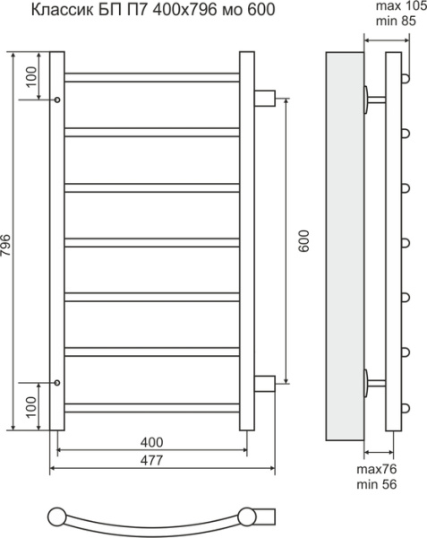 Водяной полотенцесушитель Terminus Классик П7 400*796 (600)