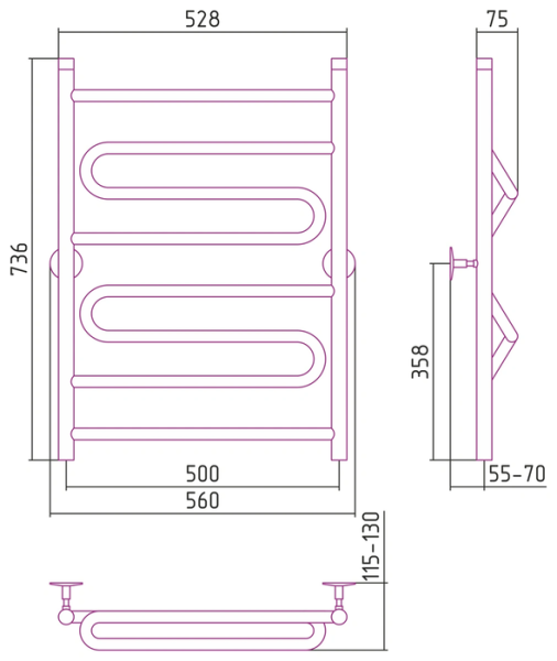 Водяной полотенцесушитель СТИЛЬЕ ПС Универсал-51 800х500 (1+2+1) ПZП 21