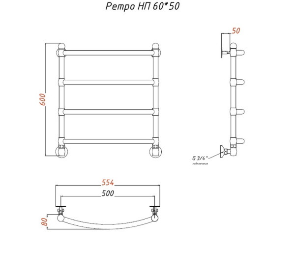 Водяной полотенцесушитель Тругор Ретро нп 60х50 (ЛЦ33 нов) D25