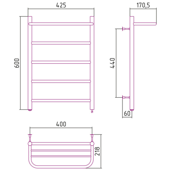 Электрический полотенцесушитель СТИЛЬЕ ЭПС Формат 30 П 600х400 (Полка + 4) П16