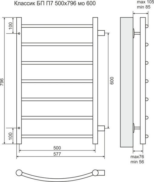 Водяной полотенцесушитель Terminus Классик П7 500*796 (600)