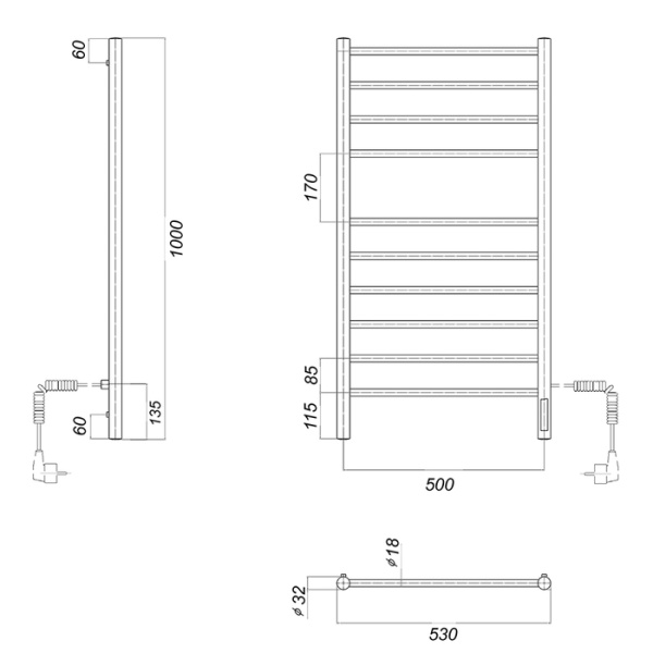 Электрический полотенцесушитель Domoterm DMT Медея П10 500х1000 ЧРН EK R