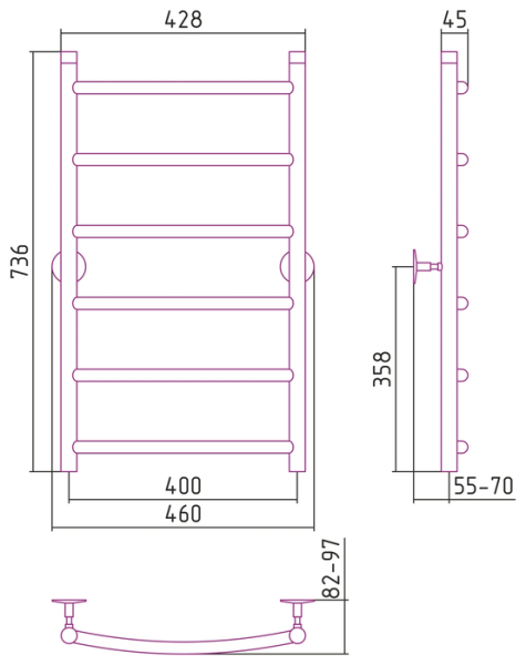 Водяной полотенцесушитель СТИЛЬЕ ПС Универсал-50 800х400 (6) Г 21