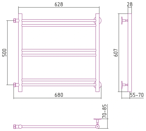 Водяной полотенцесушитель СТИЛЬЕ ПС Версия-Б1 500х600 (2+2+2) П 16