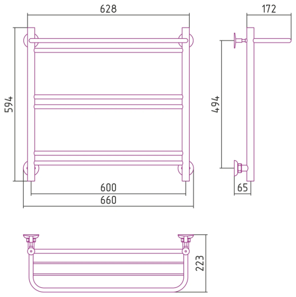 Водяной полотенцесушитель СТИЛЬЕ ПС Версия-Н1 600х600 (Полка+1+2+2) П 16
