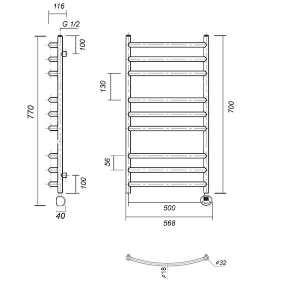 Электрический полотенцесушитель Domoterm Калипсо П9 500x700 ЧРН ER