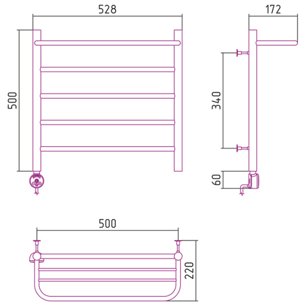 Электрический полотенцесушитель СТИЛЬЕ ЭПС Формат 20 ТЛ 500х500 (Полка + 4) П16