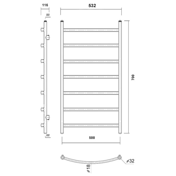 Водяной полотенцесушитель Domoterm Калипсо П7 500x700 БЕЛ