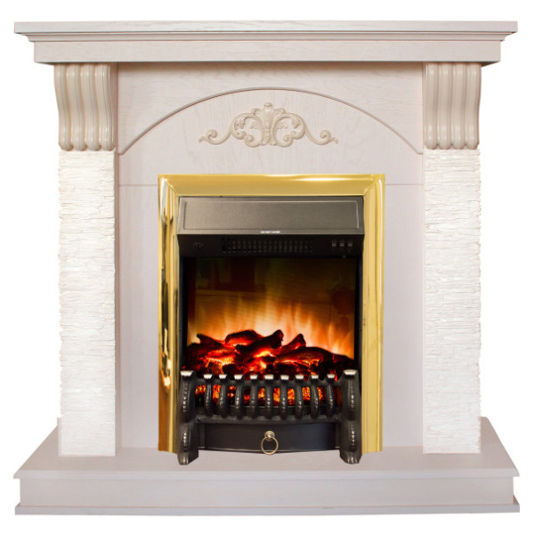 Электрокамин с классическим очагом 2D Real-Flame Corfino STD/EUG/18 NT WT- F612 с очагами Fobos s Lux BL/BR и Majestic s Lux BL/BR