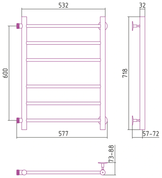 Водяной полотенцесушитель СТИЛЬЕ ПС Версия-Б 600х500 (3+3) П 18