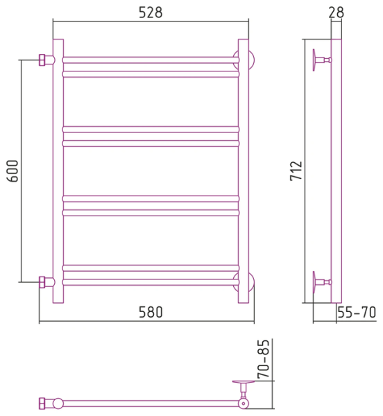 Водяной полотенцесушитель СТИЛЬЕ ПС Версия-Б1 600х500 (2+2+2+2) П 16