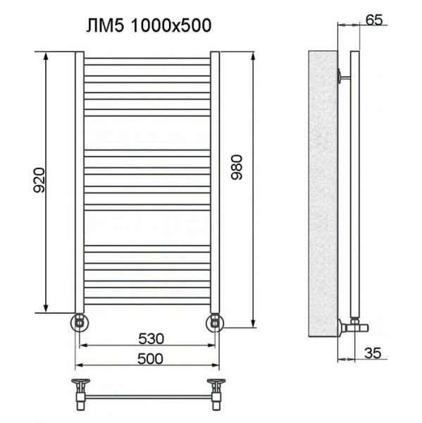 Водяной полотенцесушитель Ника ЛМ-5 100/50 RAL9016 белый матовый с вентилями