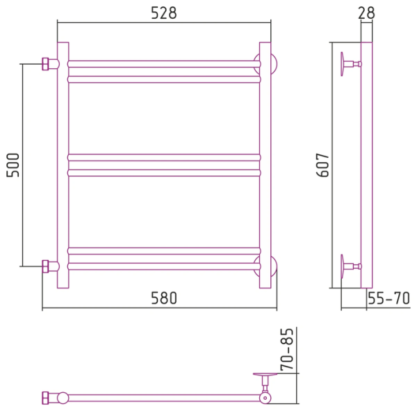 Водяной полотенцесушитель СТИЛЬЕ ПС Версия-Б1 500х500 (2+2+2) П 16