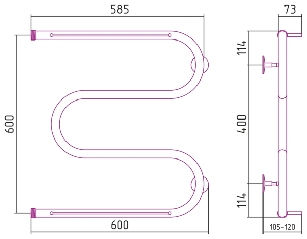 Водяной полотенцесушитель СТИЛЬЕ ПС М-обр. 2П 600х600 резьба-сгон 1