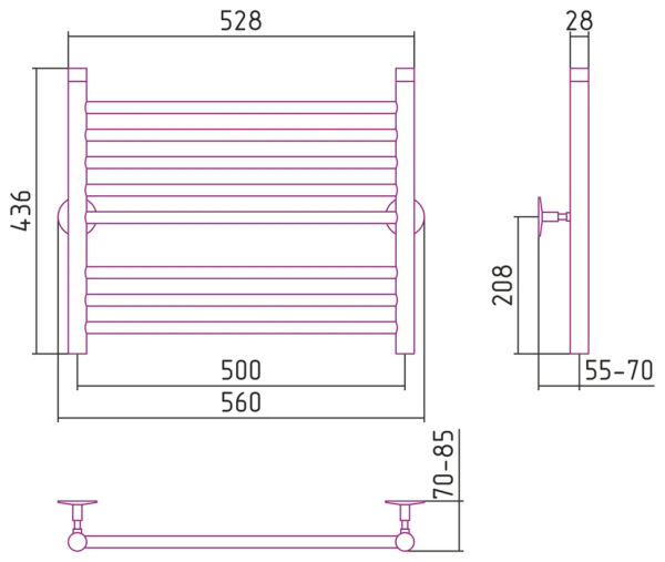 Водяной полотенцесушитель СТИЛЬЕ ПС Универсал-53 500х500 (3+5) П 18