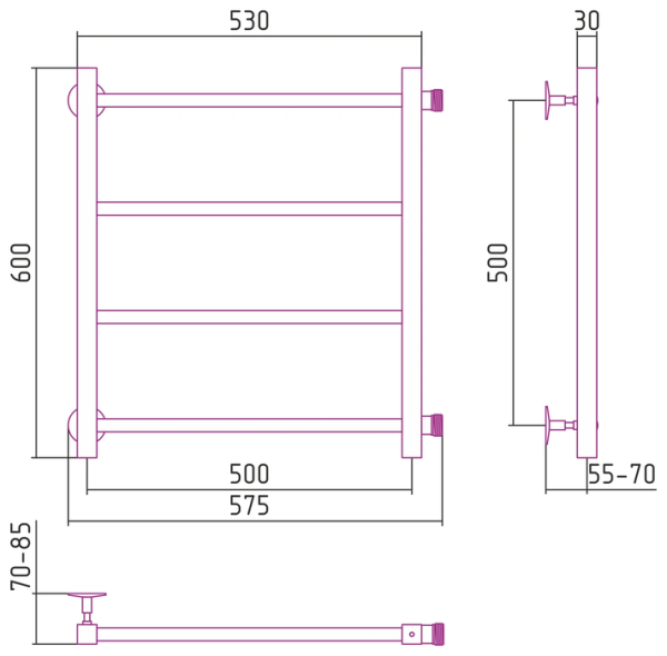 Водяной полотенцесушитель СТИЛЬЕ ПС Версия-КБ 500х500 (4) П 20х20