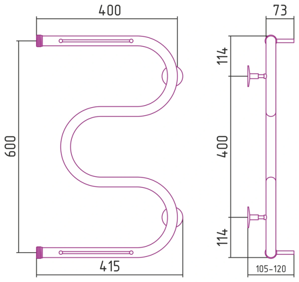 Водяной полотенцесушитель СТИЛЬЕ ПС М-обр. 2П 600х400 резьба-сгон 1
