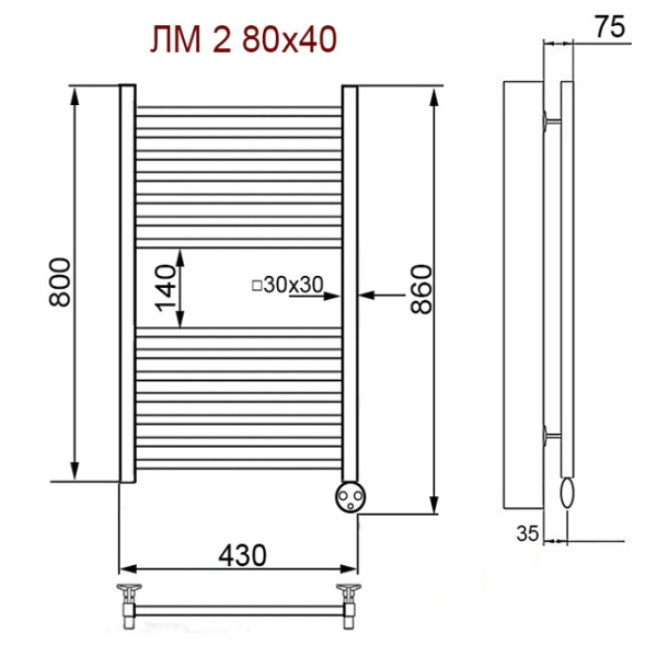 Водяной полотенцесушитель Ника ЛМ-2 Хром (Комплектация с вентилями) 80х40 -14