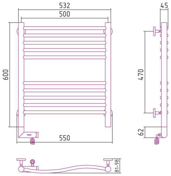 Электрический полотенцесушитель Сунержа РЭБ "ФЛЮИД 2.0" 600х500 / МЭМ правый (00-5221-6050)