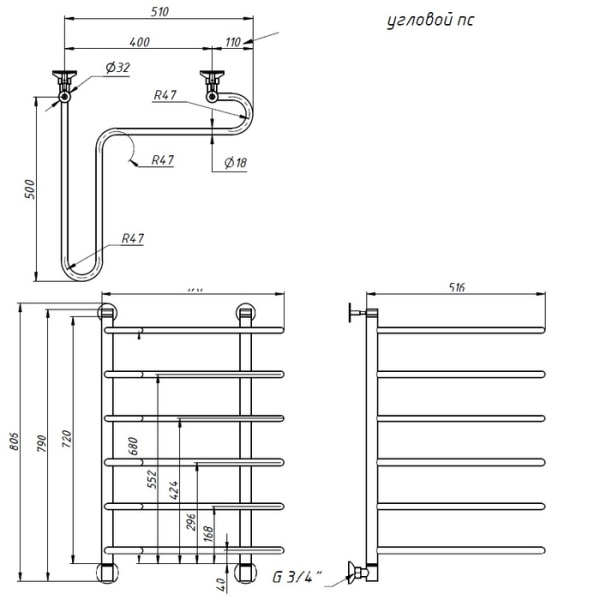 Водяной полотенцесушитель Тругор Бриз угловой НП 1 80х50