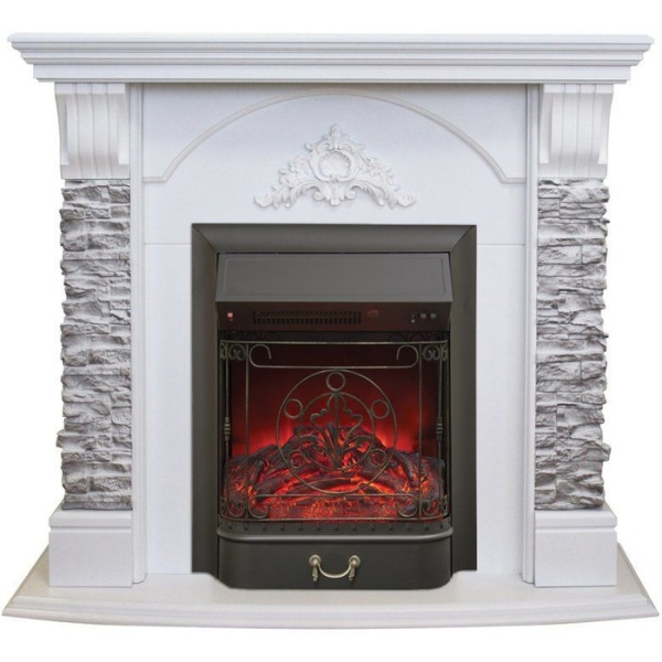 Электрический камин (очаг+портал) с эффектом живого огня Real-Flame Athena GR STD/EUG/25/24 WT с очагом Fobos s Lux BL/BR, Majestic s Lux BL/BR