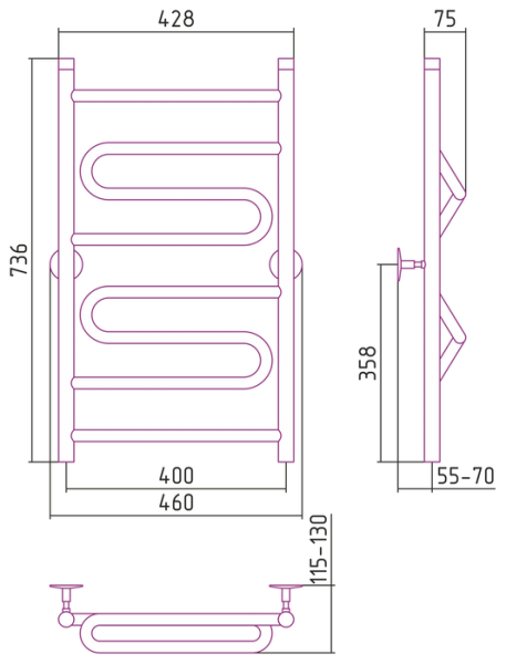 Водяной полотенцесушитель СТИЛЬЕ ПС Универсал-51 800х400 (1+2+1) ПZП 21