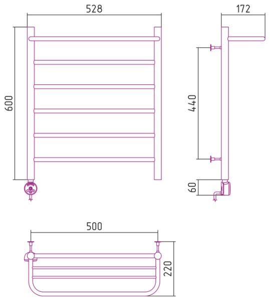 Электрический полотенцесушитель СТИЛЬЕ ЭПС Формат 20 ТЛ 600х500 (Полка + 5) П16