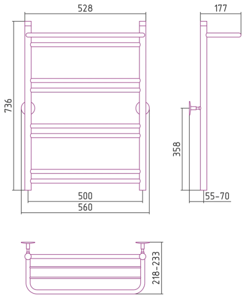 Водяной полотенцесушитель СТИЛЬЕ ПС Универсал-56 800х500 (Полка +1+2+2+2) П 18