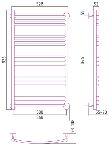 Водяной полотенцесушитель СТИЛЬЕ ПС Универсал-58 1000х500 (3+3+3+3+3) Г 16