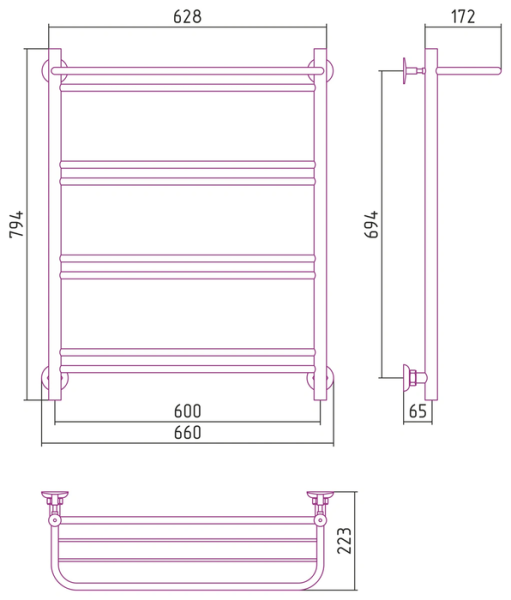 Водяной полотенцесушитель СТИЛЬЕ ПС Версия-Н1 800х600 (Полка+1+2+2+2) П 16