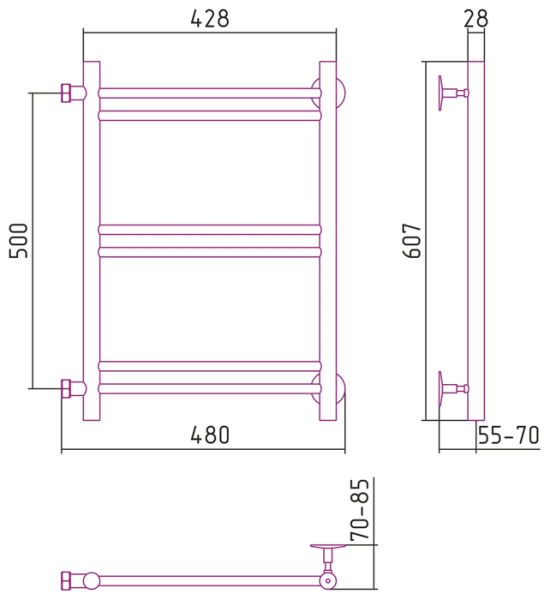 Водяной полотенцесушитель СТИЛЬЕ ПС Версия-Б1 500х400 (2+2+2) П 16