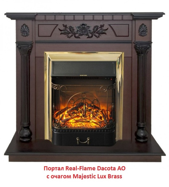Электрокамин с классическим очагом 2D Real-Flame Dacota STD/EUG AO с очагами Fobos s Lux BL/BR, Majestic s Lux BL/BR